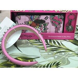 Ed Hardy Zip Around Wallet Wristlet Key Ring Spiky Headband Pink Vegan Leather